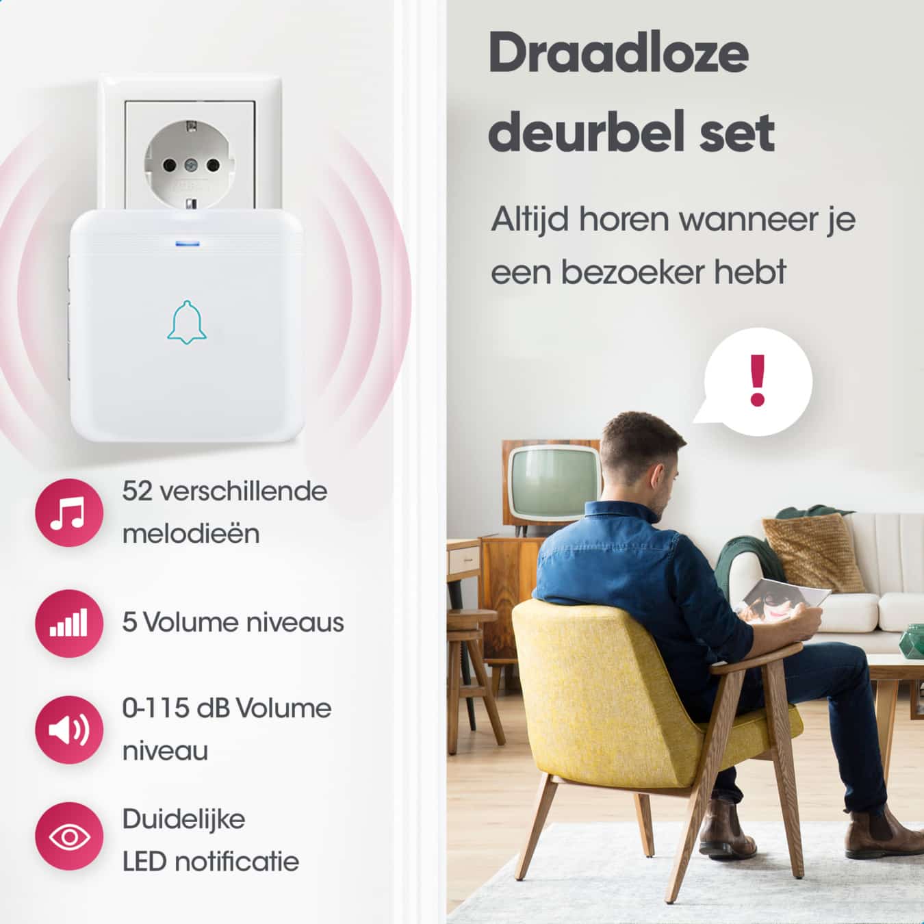 Koop AVANTEK D-3W Draadloze deurbel met 2 ontvangers - Wit