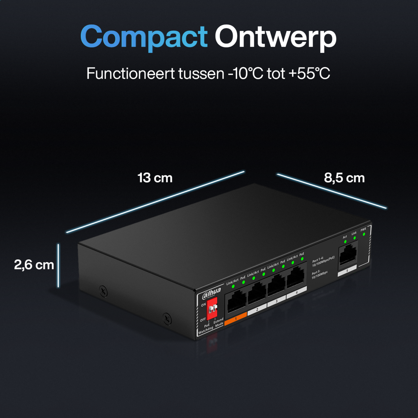 Koop Dahua Ethernet Switch PoE - 5 x 10 / 100 Mbps - Hi-PoE 60W Poort